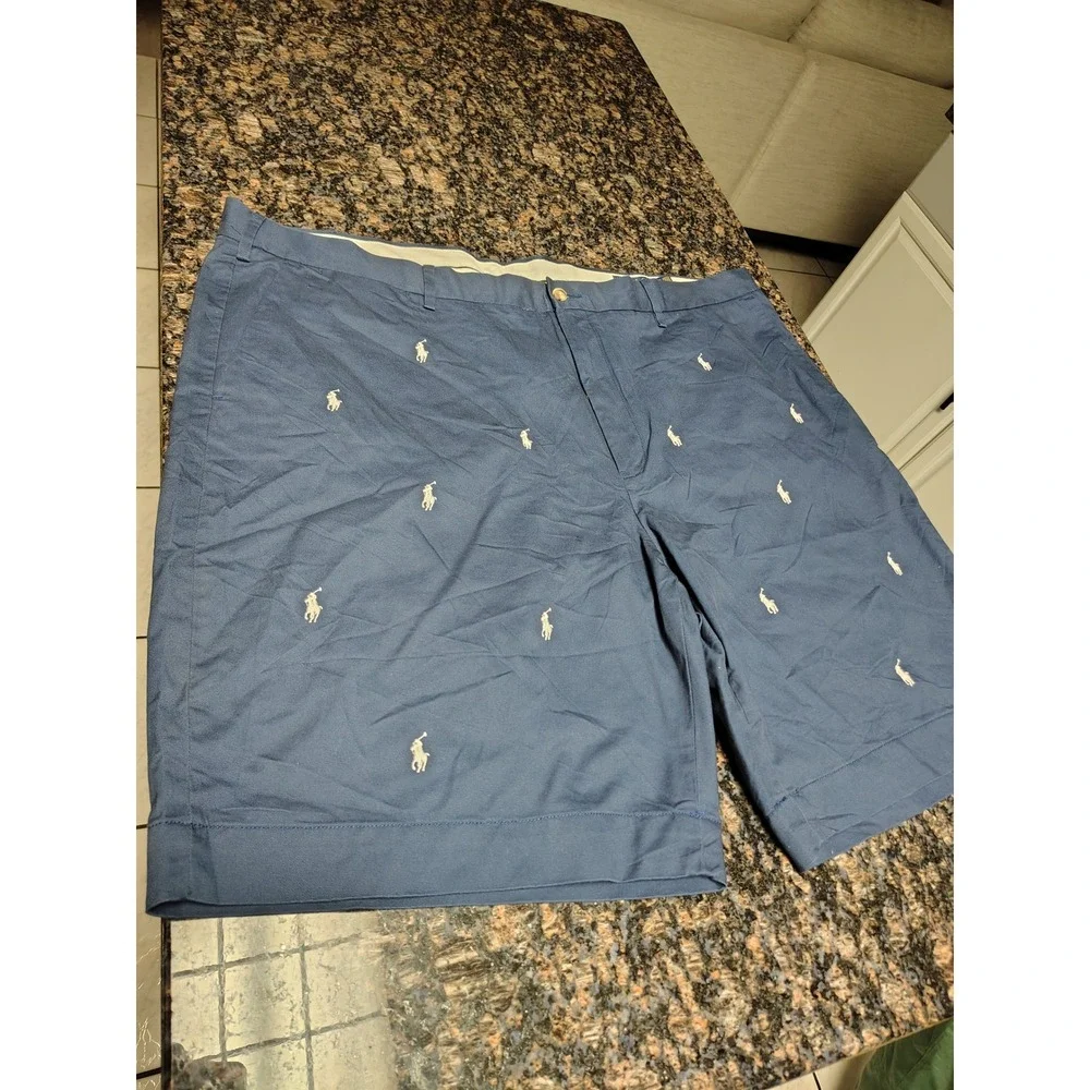 Polo Ralph Lauren Mens Navy Blue All Over Pony Logo Chino Shorts 44 Classic Fit
